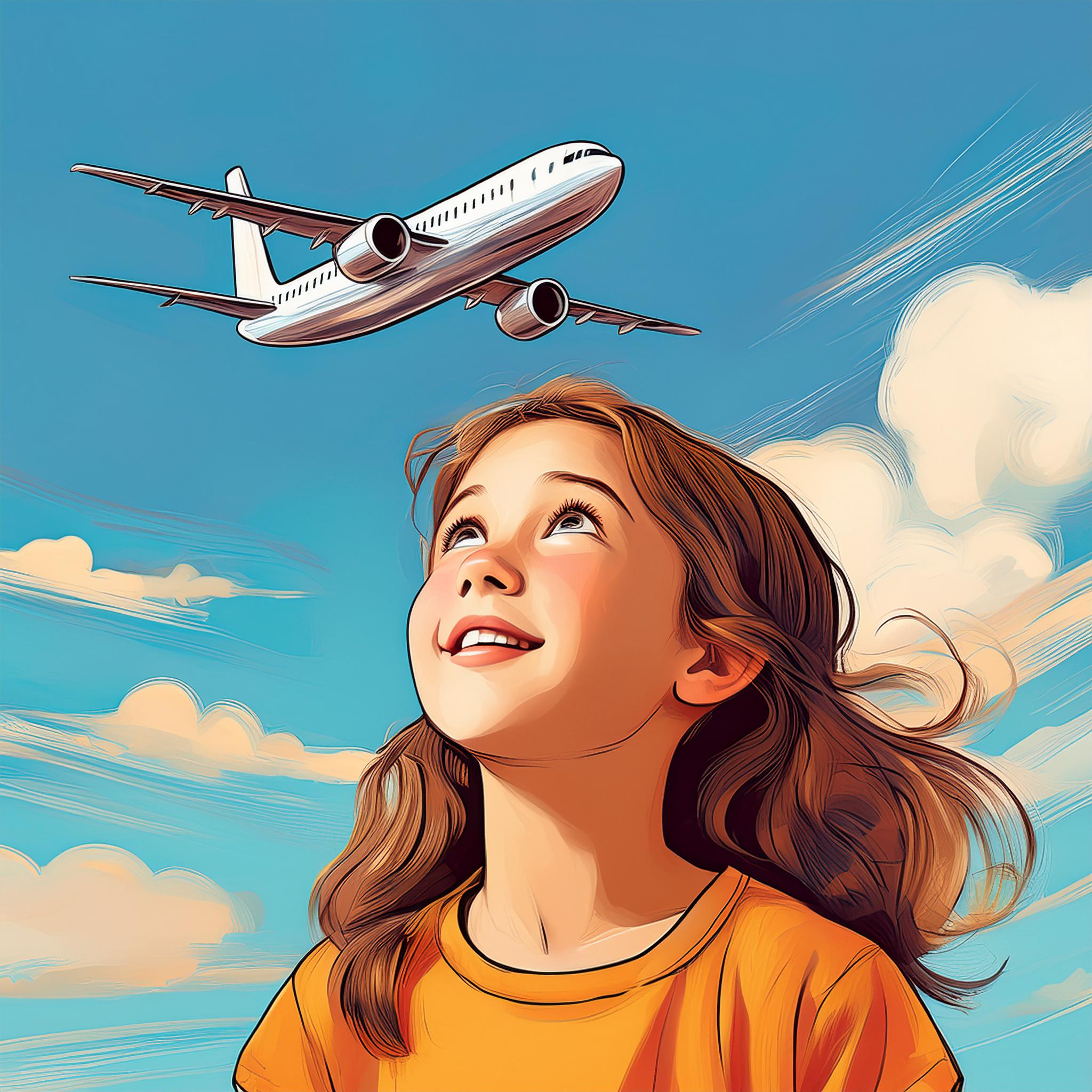 Child looking up at a plane in the blue sky